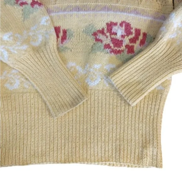 VTG 70s Yellow Pink Floral Cable Knit Vneck Sweater Large *Fits like Small - Picture 11 of 16